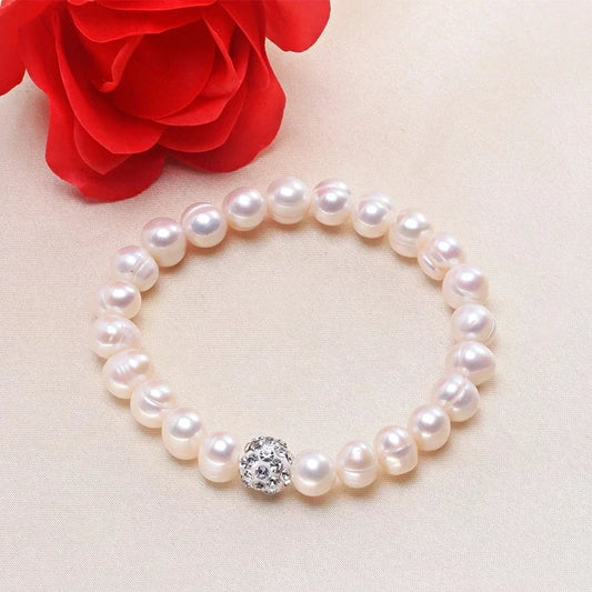 Luckacco HENGSHENG New Arrival White 8-9mm Baroque Natural Freshwater Pearl Strand Bracelet For Women,Fashion Bracelet Girl Birthday Gift