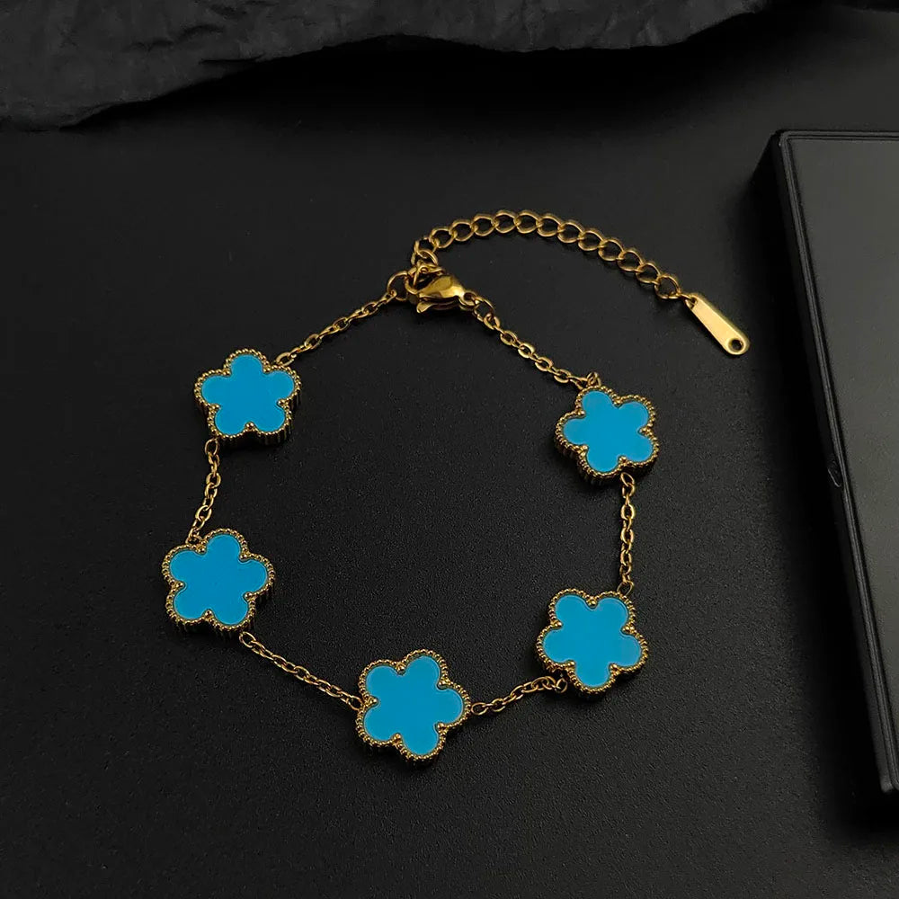 luckacco mussel five-leaf plum blossom stainless steel women's exquisite chain bracelet, 18k gold plated, light luxury, lucky jewelry