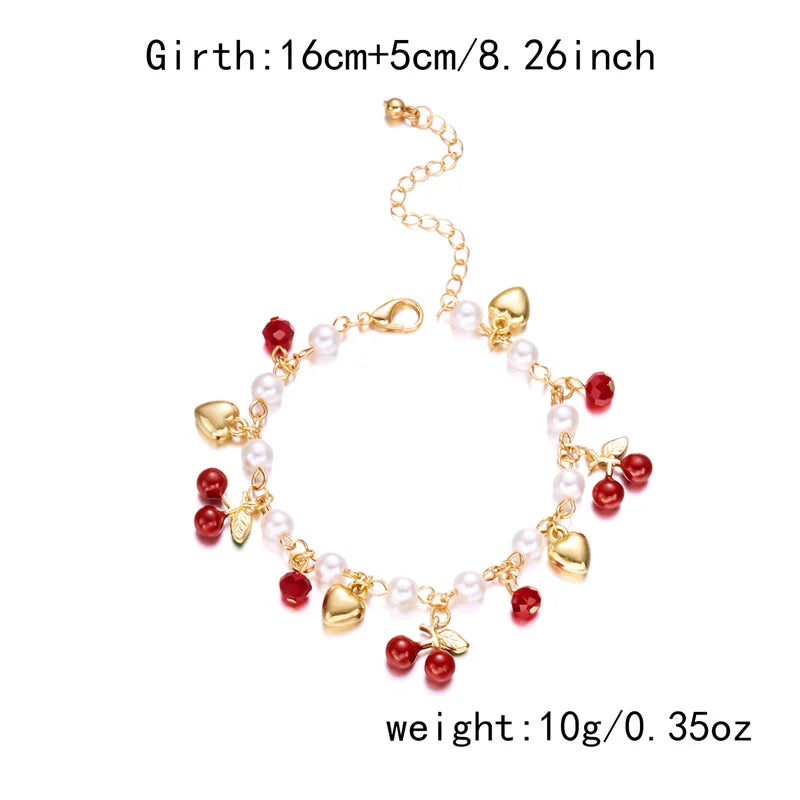 luckacco sweet cute red strawberry cherry heart pearl charm bracelet new fashion y2k fruit gold color chain jewelry party gifts 2025