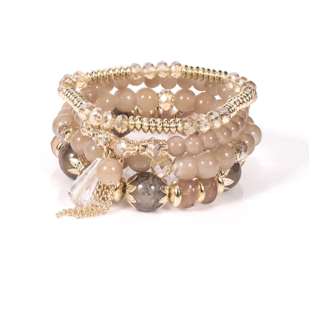 luckacco 4 pieces/set bohemian crystal tassel multi-layer elastic rope bracelet, handmade beaded bracelet, women's fashion accessories