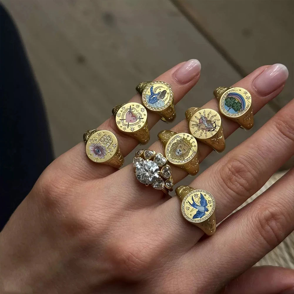 luckacco 2025 new finger ring copper gold color plated metal tarot enamel stainless steel rings for women jewelry