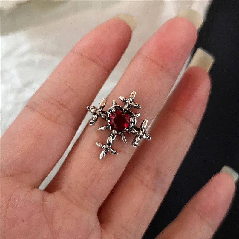 luckacco goth punk retro red crystal love heart cross geometry irregular open ring set y2k halloween accessories for women kpop jewelry