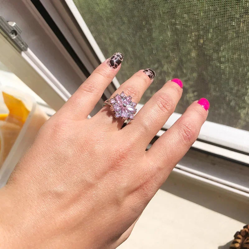luckacco new women geometric flower ring female light luxury charm crystal stone cherry blossom ring jewelry bagye acier inoxydable femme