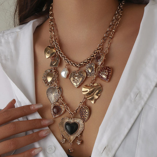 Luckacco Fashion Punk Metal Heart Pendant Necklaces for Women Vintage Double Layered Choker Chain Necklaces Luxury Party Jewelry Gifts