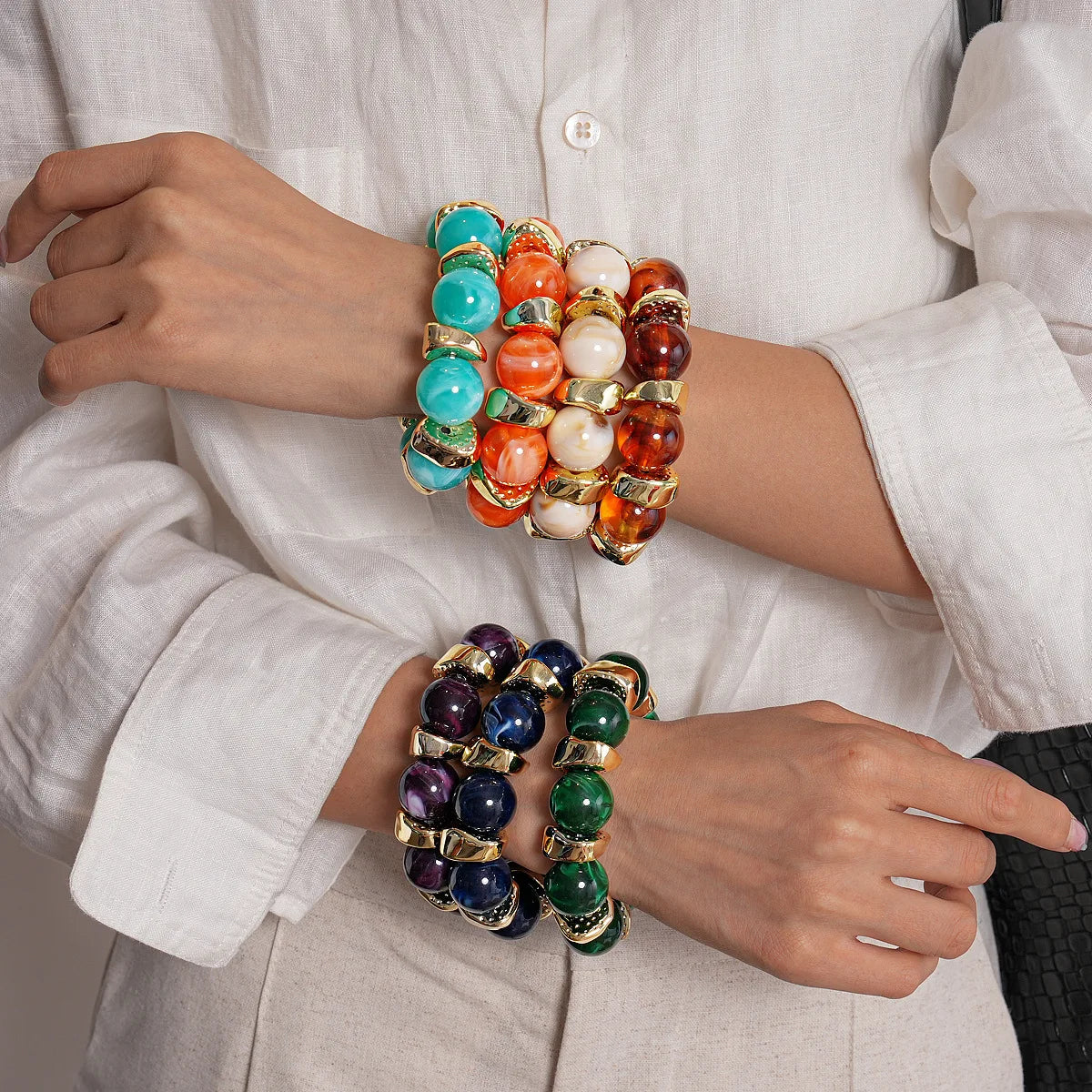 luckacco 7 styles trendy splicing acrylic round beads bracelets bohemian thick irregular resin elastic bangles retro jewelry for women f