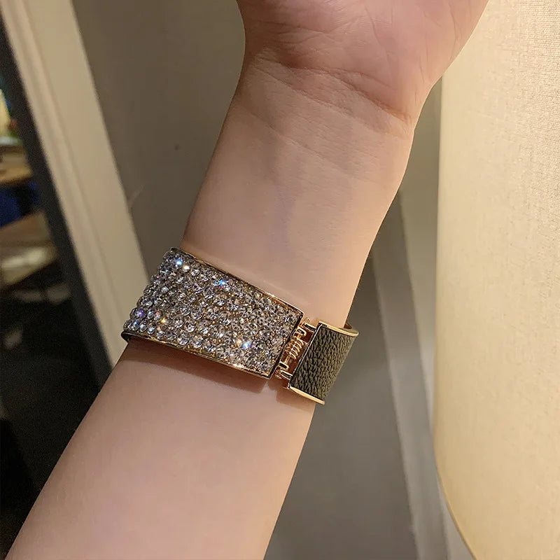 luckacco new diamond inlaid leather alloy elastic bracelet for women, fashionable and high-end, full diamond bracelet