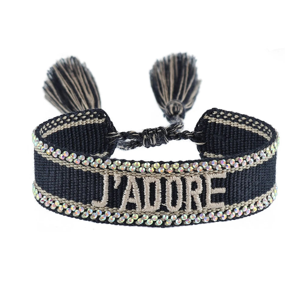 luckacco rhinestone embroidery woven bracelets adjustable rope stackable bangle for women