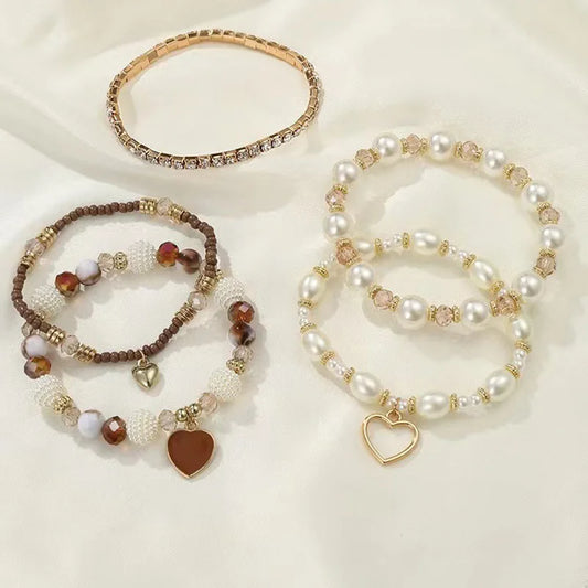 Luckacco 5pcs Heart Boho Beach Bracelet Set Pearl Crystal Beaded Multilayer Wrist Jewelry For Women Gift