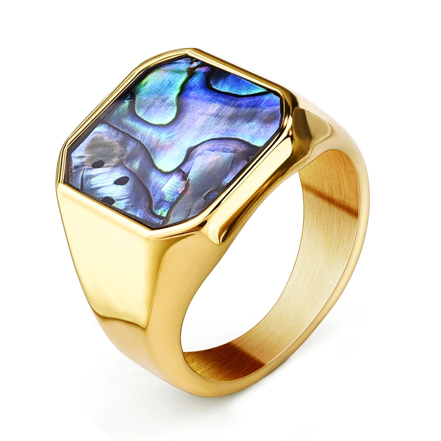 luckacco classic gold sliver color abalone shells finger ring men punk party smooth stainless steel rings male circular wedding ring gift