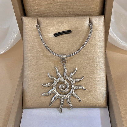 Luckacco Unique Spiral Sun Totem Pendant Necklace for Women Men Stylish Gold Silver Color Stainless Steel Necklaces Charm Ethnic Jewelry