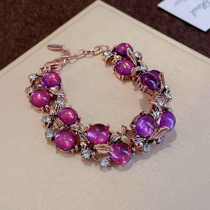 luckacco 1/3 pcs vintage purple red rhinestone necklace earrings bracelet set leaf flower metal necklace for women exquisite jewelry sets