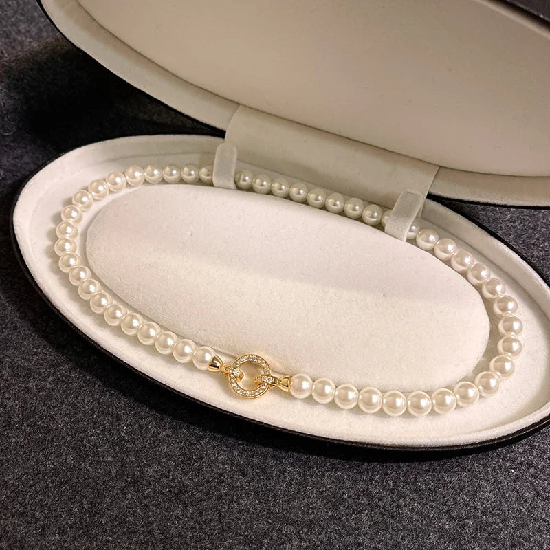 luckacco french elegant micro set zircon round buckle imitation pearl beaded necklace for women's temperament jewelry sweet accessories