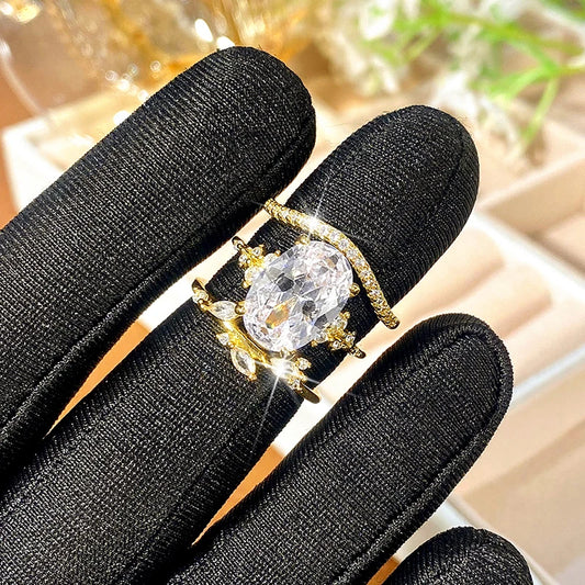 Luckacco daily picks Newest Oval Cubic Zirconia 3Pcs Rings Set Luxury Women Accessories for Engagement Wedding Party Statement Female Jewelry