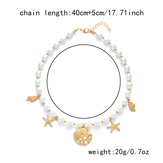 Luckacco Trendy Boho Imitation Pearl Metal Necklace Pendant for Women Ocean Shell Starfish Conch Choker Necklace Beach Jewelry Gift