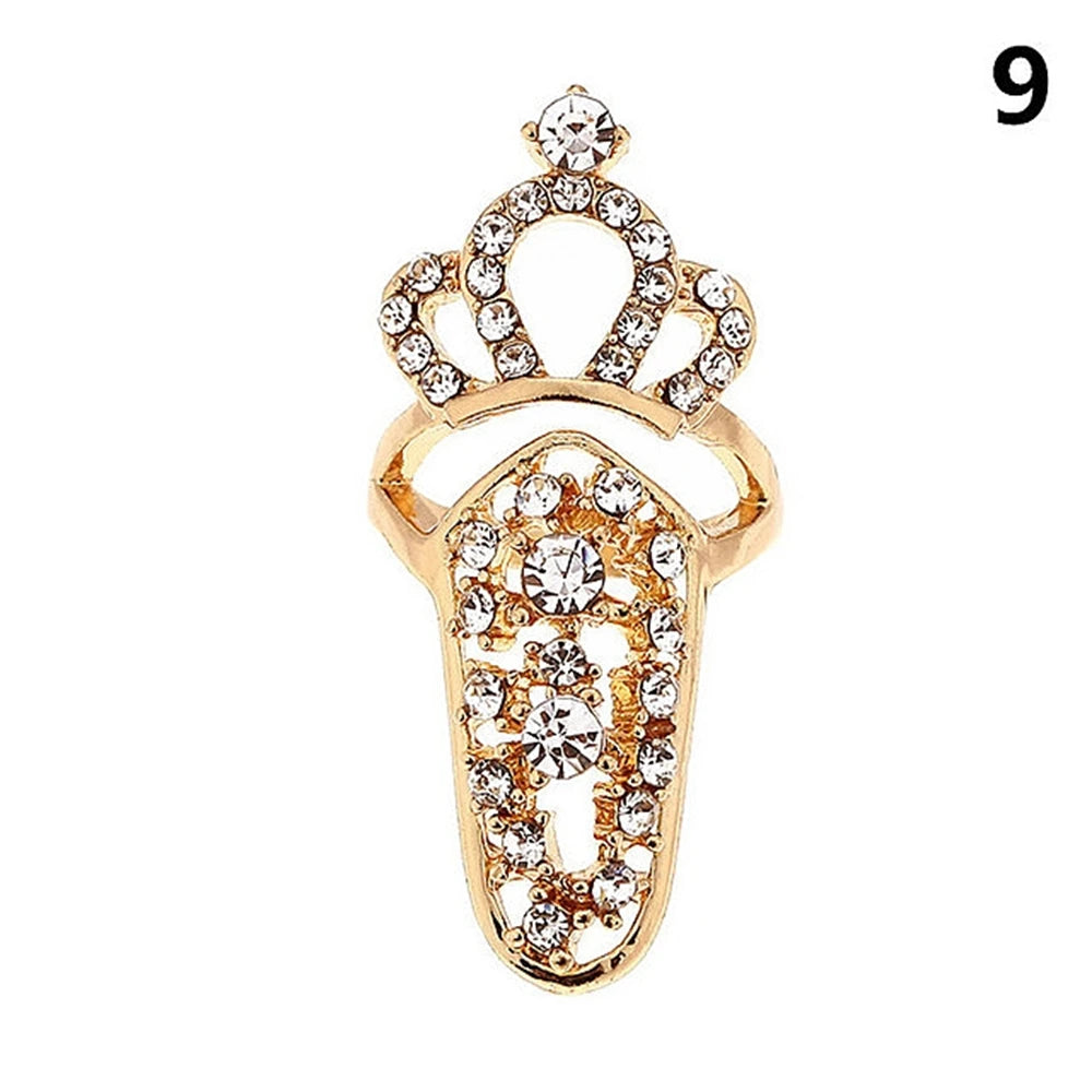 luckacco fashion rhinestone crown flower nail ring adjustable opening gold plated manicure joint ring for women party jewelry