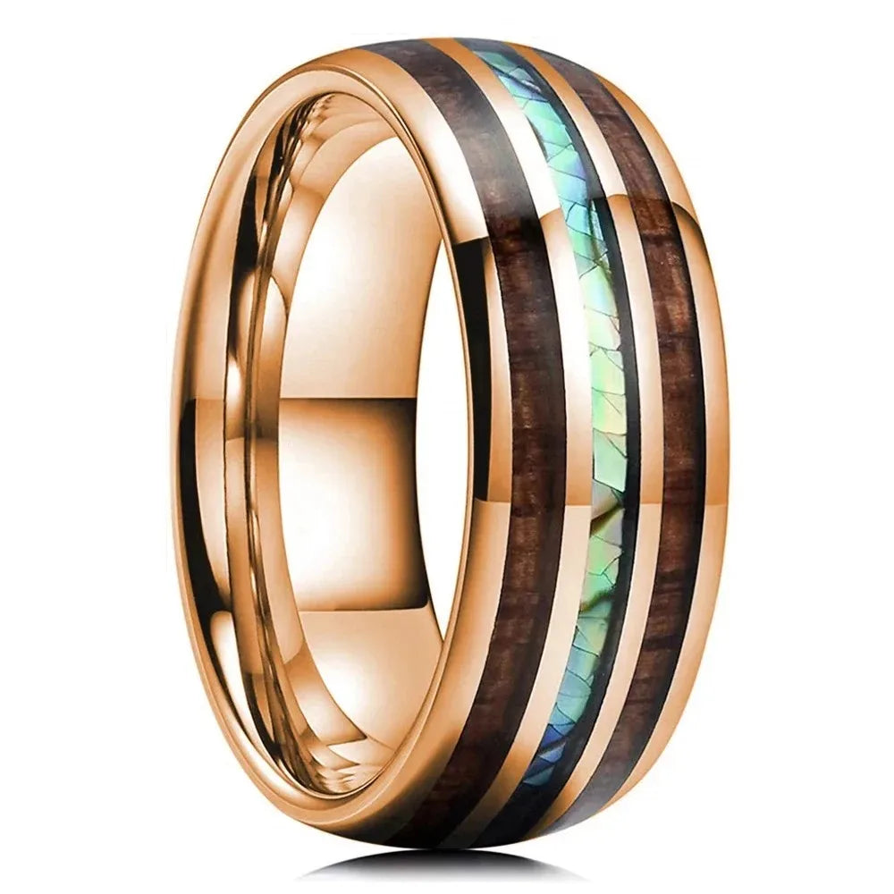 luckacco fashion 8mm men stainless steel rings inlay meteorite abalone shell rings for men women wedding engagement band jewelry gift