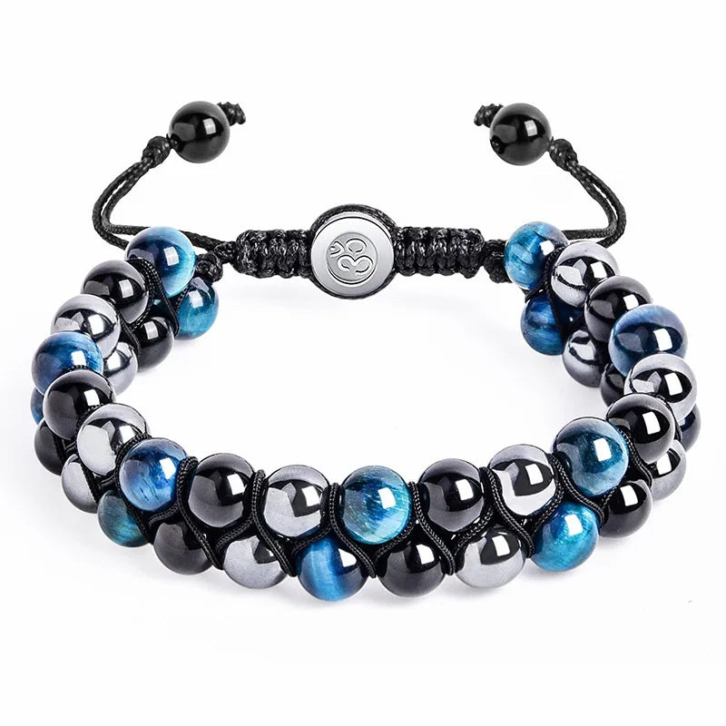 luckacco 8mm natural tiger eye stone adjustable bracelet double layer hand woven  row strand beaded bangles couple party jewelry