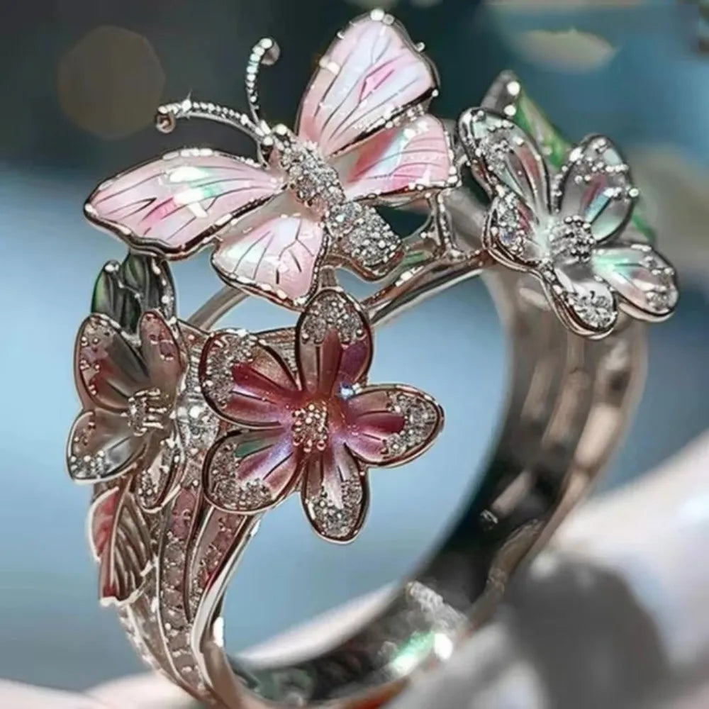 luckacco aesthetic flower butterfly rings for female romantic rhinestone stylish non-fading opening ring women wedding jewelry party gift