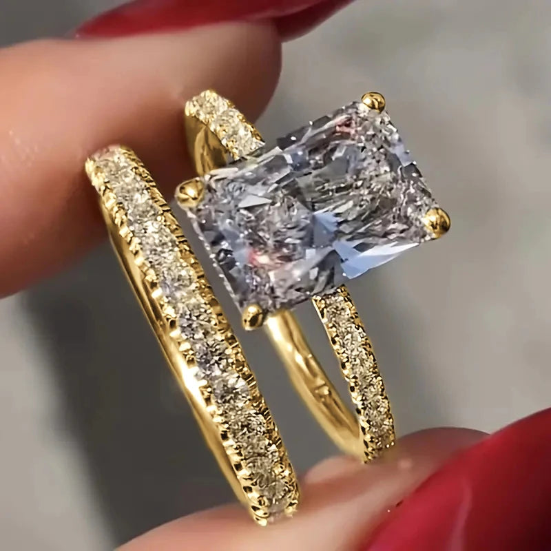luckacco daily picks rectangular cubic zirconia set rings for women bridal wedding accessories luxury trendy engagement band jewelry