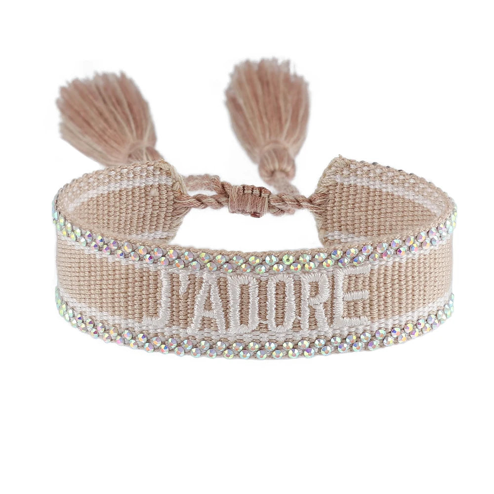 luckacco rhinestone embroidery woven bracelets adjustable rope stackable bangle for women