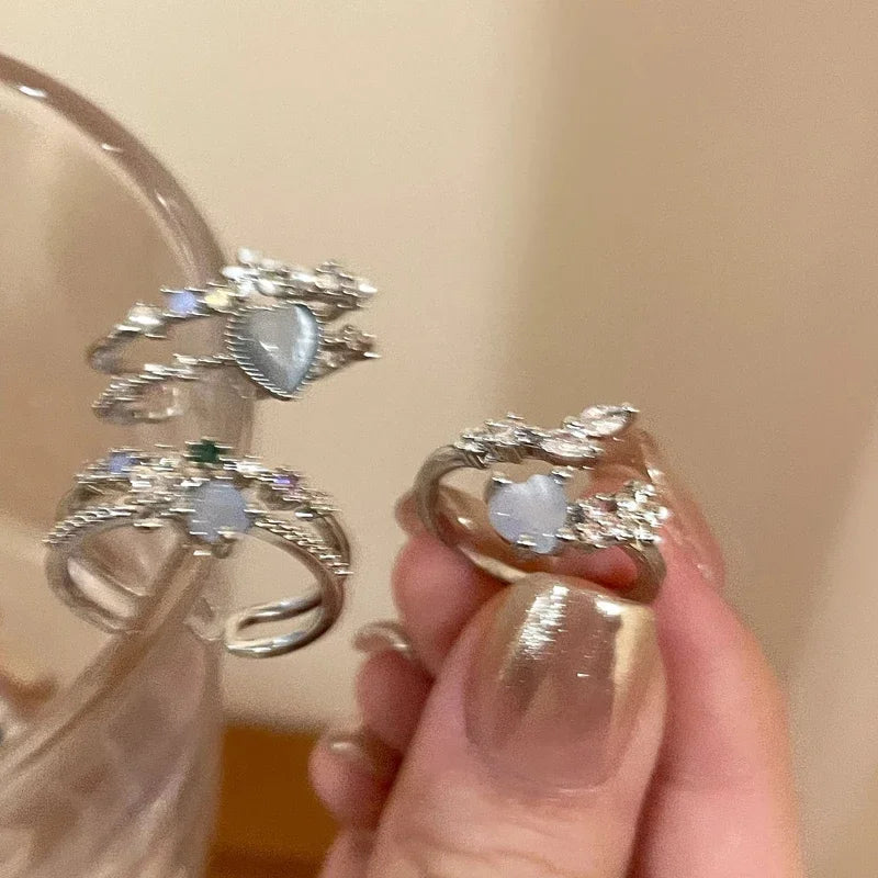 luckacco 2024 fashion jewelry crystal rings heart adjustable ring irregular geometry punk vintage rings set for women girls