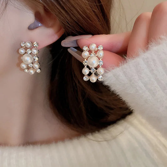 Luckacco 3 Pcs Rhinestone Pearl Rectangular Earrings Necklace Set Two-piece Vintage Choker Accessory Light Luxury Jewelry Sets Wedding