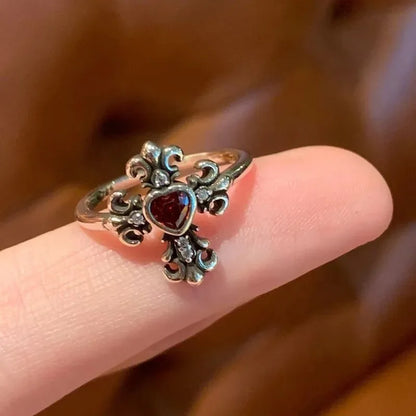 Luckacco Y2k Vintage Gothic Red Crystal Cross Geometry Aesthetic Open Rings for Women Punk Creative Grunge Jewelry Accessories Anillos
