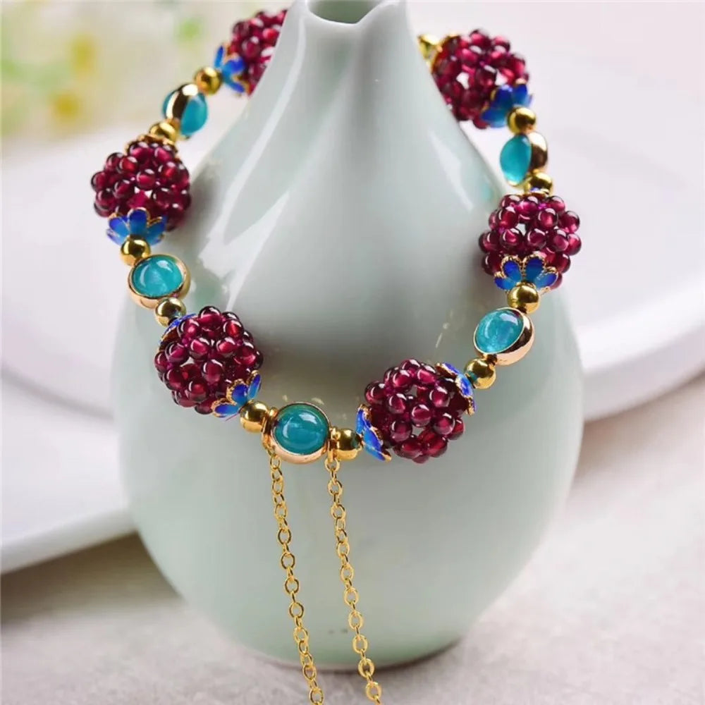 luckacco ethnic cute natural garnet strand bracelets multicolor hand-knitted pomegranate crystal charming bracelet fine jewelry for women