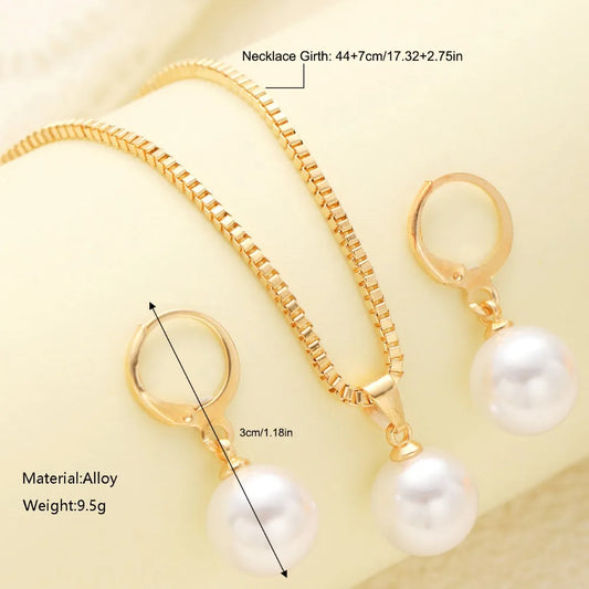 Luckacco Vintage Imitation Pearl Pendant Necklace Earring Set for Women Girl Gold Silver Color Chain Jewelry Simple Wedding Birthday Gift