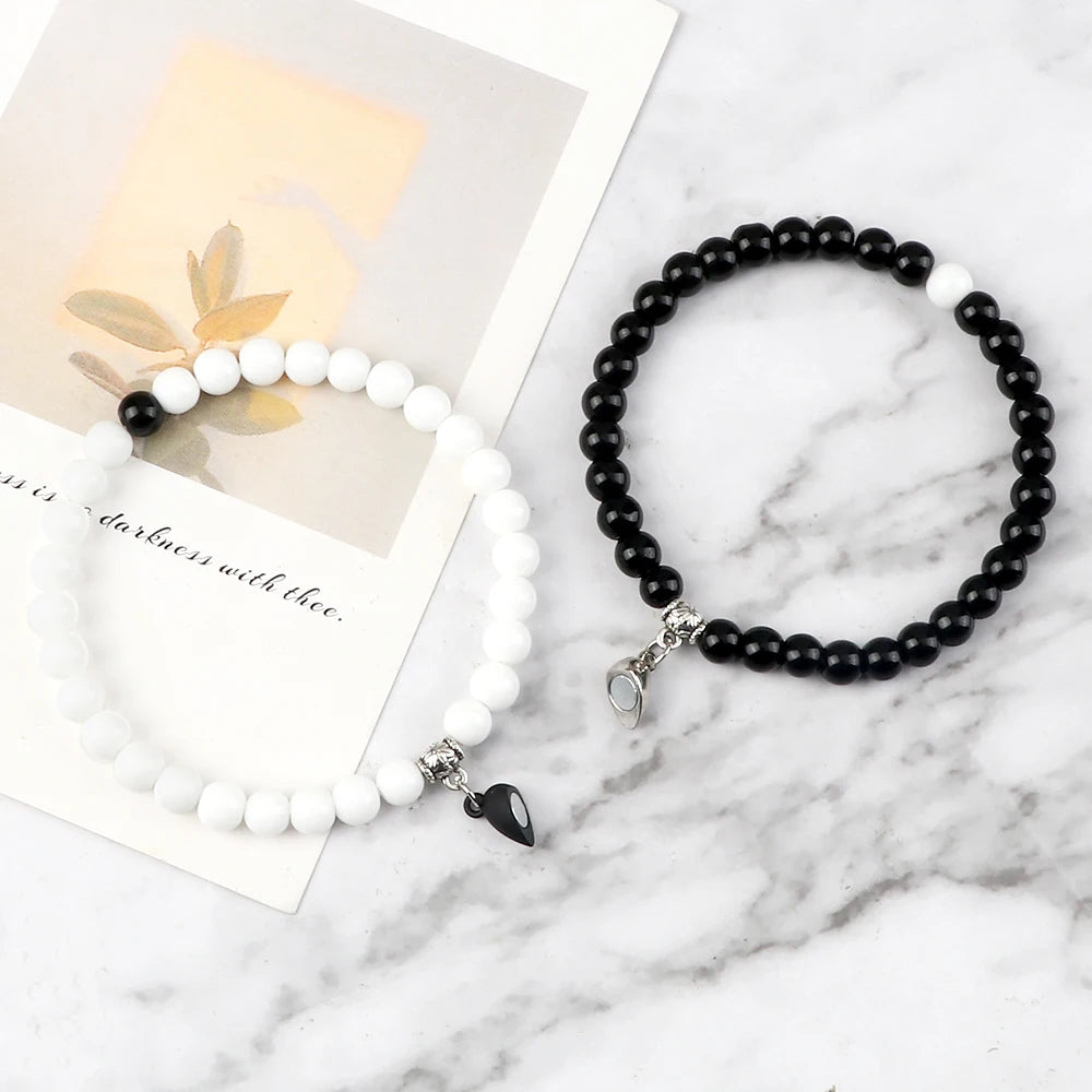 luckacco 2pcs/set sliver black color magnet pendant bracelets 6mm 8mm white porcelain black line beads couple bracelet jewelry gift new