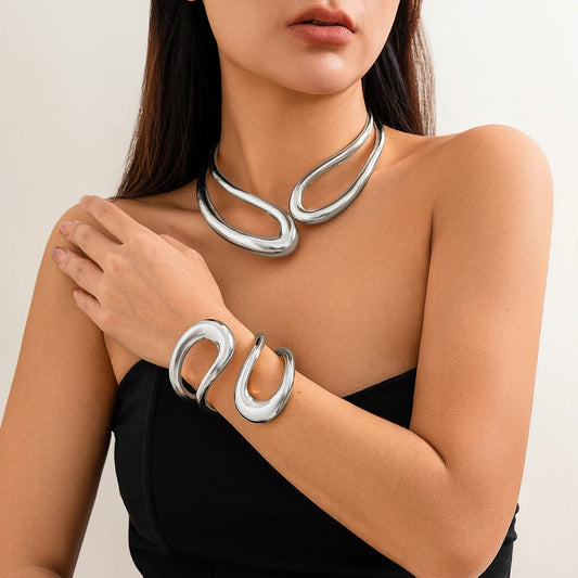 Luckacco Exaggerated Heavy Metal Big Open Torques Choker Necklace fot Women Goth Adjustable Chunky Chain Grunge Jewelry Steampunk Men New