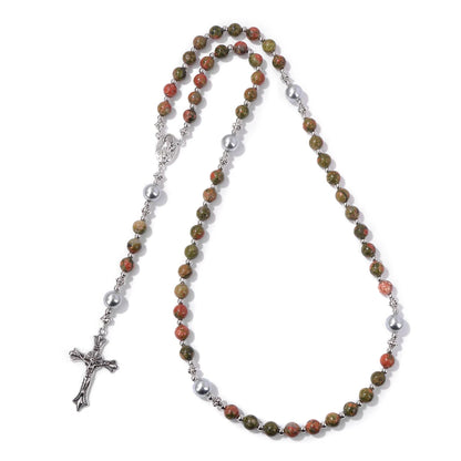 Luckacco Catholic Jesus Cross Bracelet Men Religious Prayer Rosary Bangle 50CM Natural African Turquoises Lava Gem Stone Bead Bracelet
