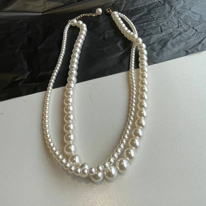 luckacco stacked wearing double-layered pearl necklace women's simple design clavicle chains elegant short choker jewelry for party