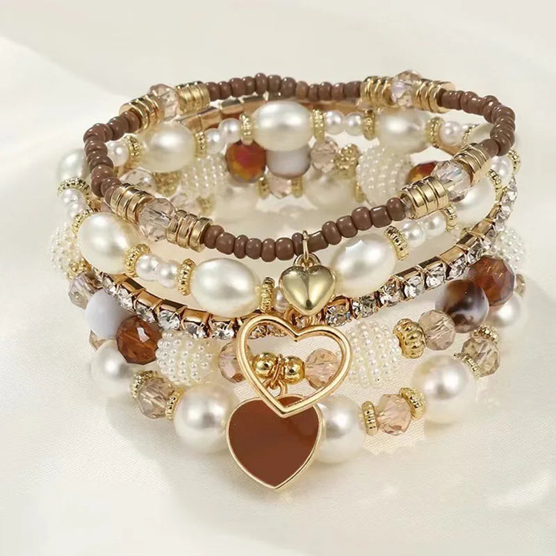 luckacco 5pcs heart boho beach bracelet set pearl crystal beaded multilayer wrist jewelry for women gift