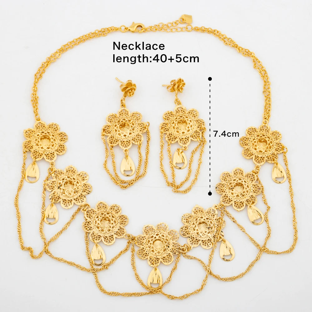 luckacco african 18k gold color jewelry set for women flower design necklace and earrings 2pcs set for weddings party jewelry dubai gift