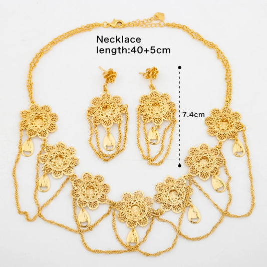 Luckacco African 18k Gold Color Jewelry Set for Women Flower Design Necklace and Earrings 2Pcs Set for Weddings Party Jewelry Dubai Gift