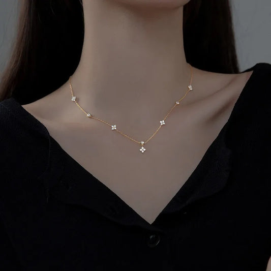 Luckacco Temperament Trend Four Leaf Zircon Flower Pendant Necklaces for Women Exquisite Stainless Steel Chokers Jewelry Anniversary Gift gold necklace