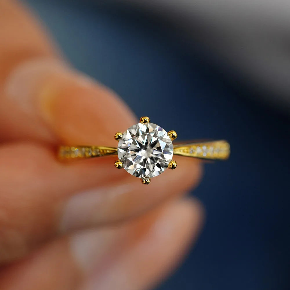 luckacco luxury 100% real 18k gold ring women's six-claw diamond ring 6.5mm round 1ct 1 karat moissanite wedding ring