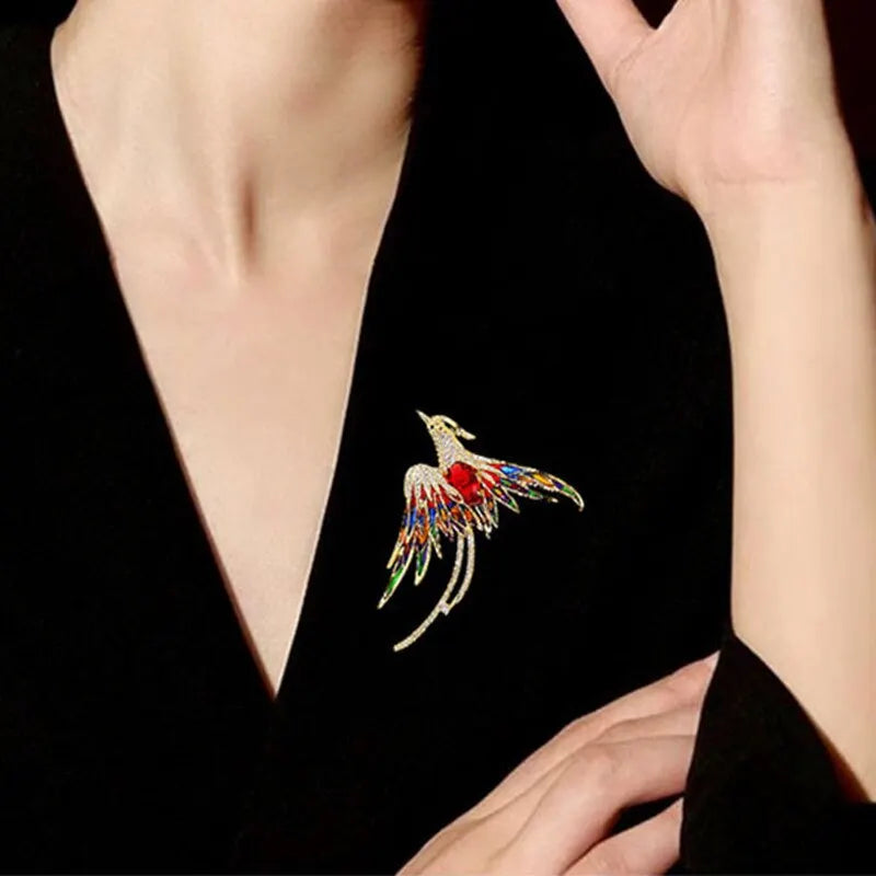 luckacco multicolor crystal phoenix brooch pin for women men enamel flying beauty bird party office accessories gifts