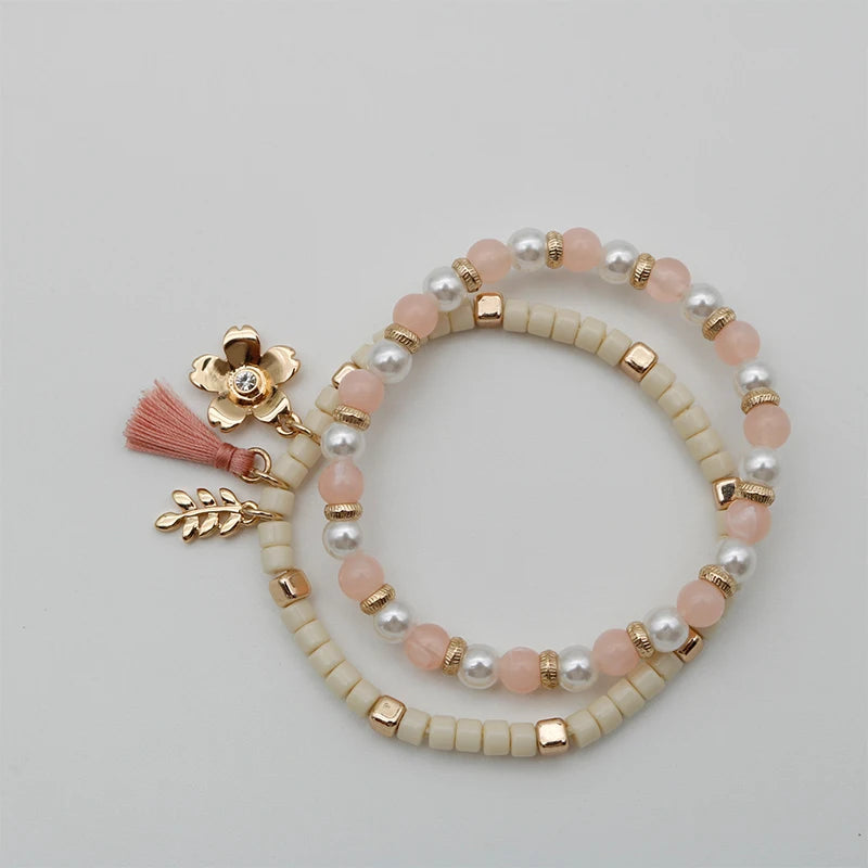 luckacco beaded cute bracelets set for women pink cream tassel leaf flower sweet romantic stretch trendy fashion jewelry gifts 2021113