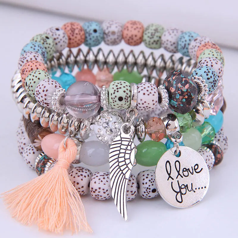 luckacco diezi bohemian multicolor pink crystal beads bracelets women girls elastic tassel wing letters rope bracelet pulseira feminina