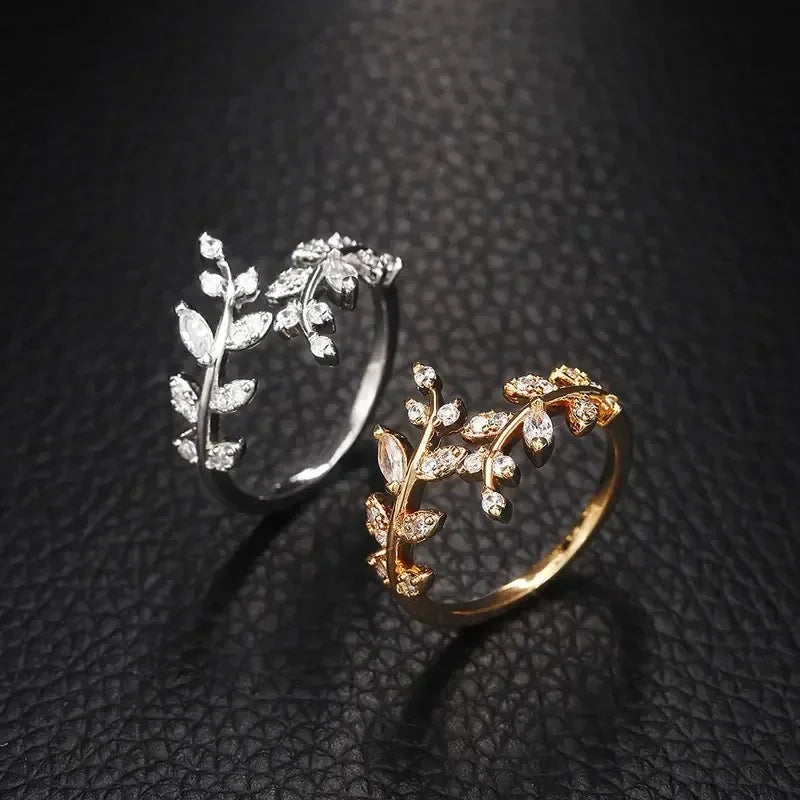luckacco leaf shape design adjustable opening rings for women sparkling cubic zirconia olive ring party daily wear fashion jewelry