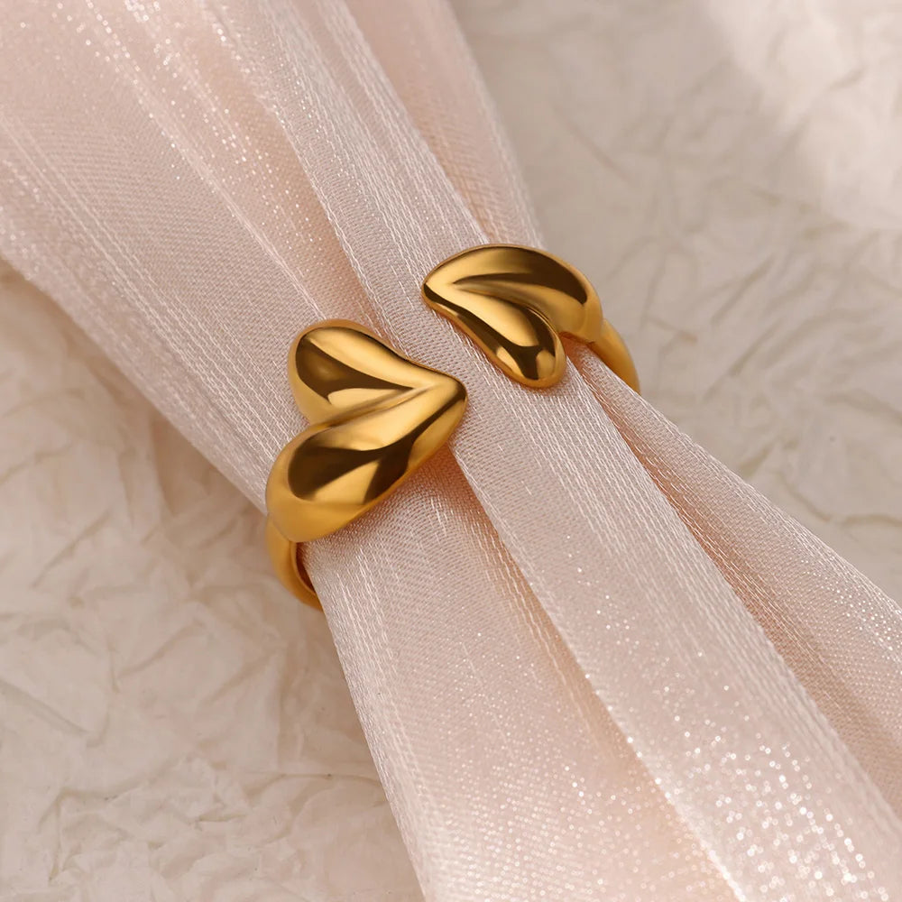 luckacco double heart rings for women gold color stainless steel open adjustable ring female fashion party wedding aesthetic jewelry gift