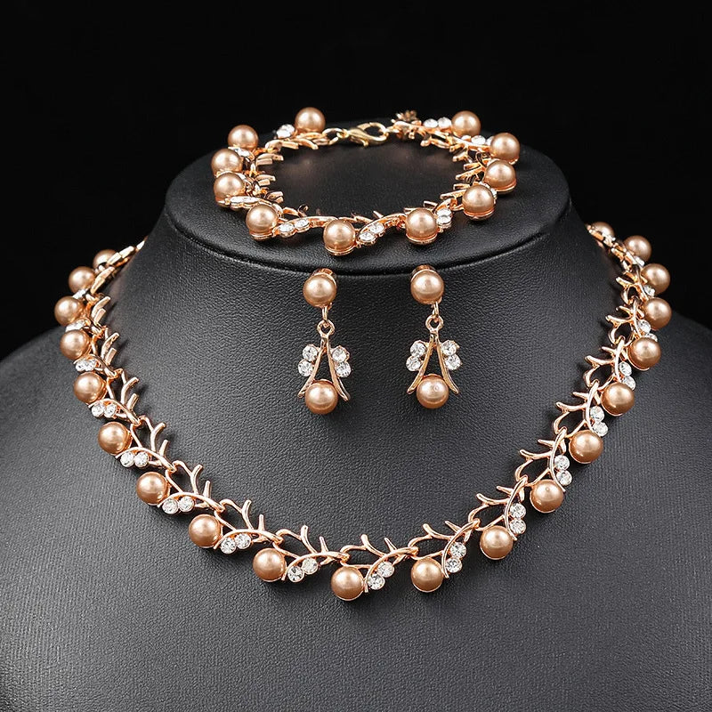 luckacco korean pearl necklace earring set bridal dress jewellery woman accessories fashion small fresh alloy three piece  jewelry sets