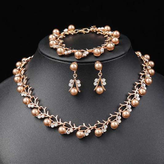 Luckacco Korean Pearl Necklace Earring Set Bridal Dress jewellery woman Accessories Fashion Small Fresh Alloy Three Piece  jewelry sets