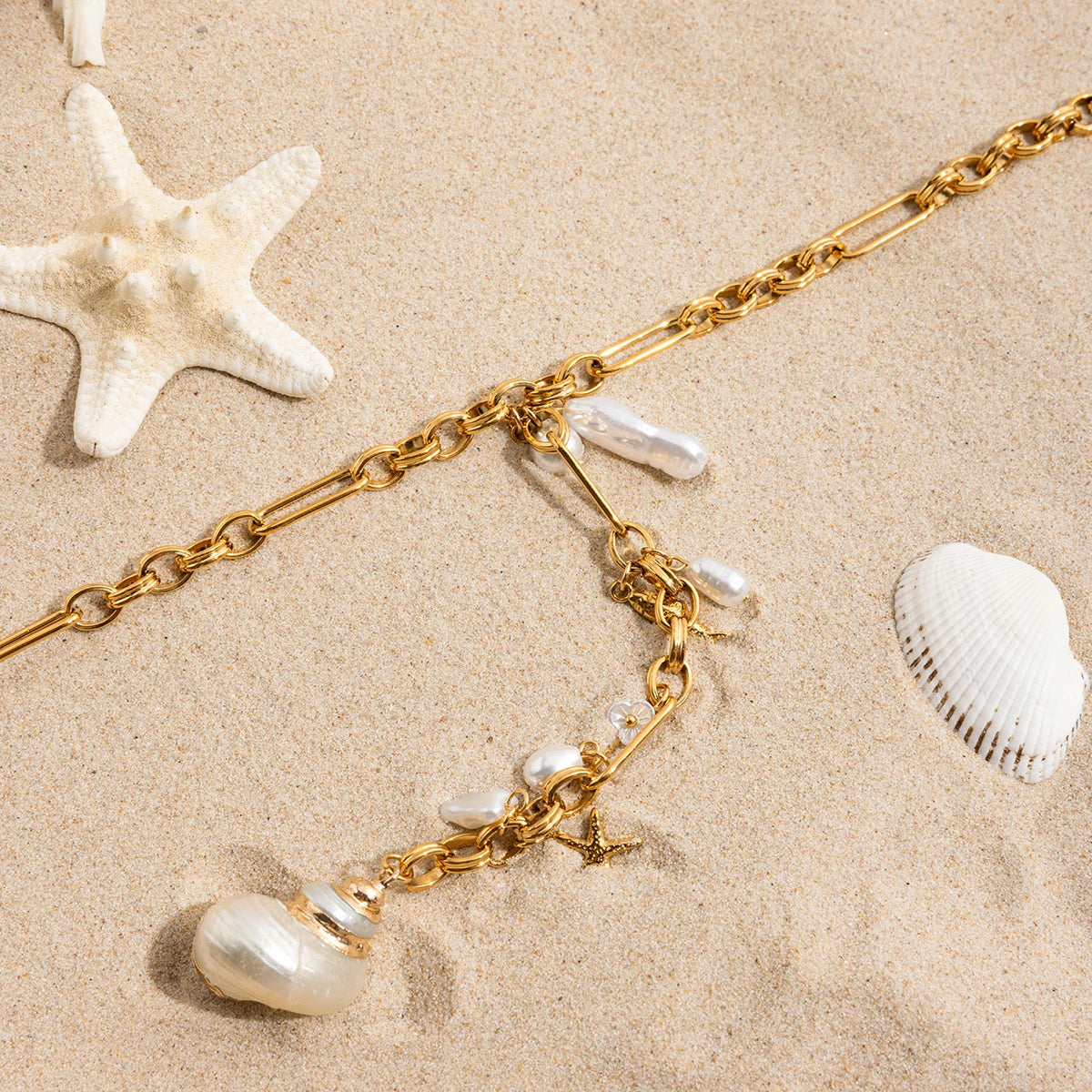 luckacco zora ocean holiday style conch pendant acrylic pearl y chain 18k gold-plated stainless steel handmade chain women's jewelry