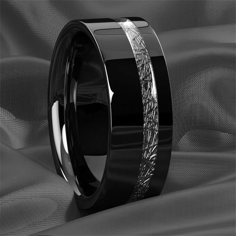 luckacco fashion 8mm men stainless steel rings inlay meteorite abalone shell rings for men women wedding engagement band jewelry gift