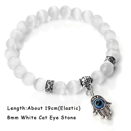 Luckacco Natural Cat Eye Stone Bracelet & Bangle for Women Brief White Pink Opal Beads Yoga Balance Jewelry Lucky Wristband Handmade Gift