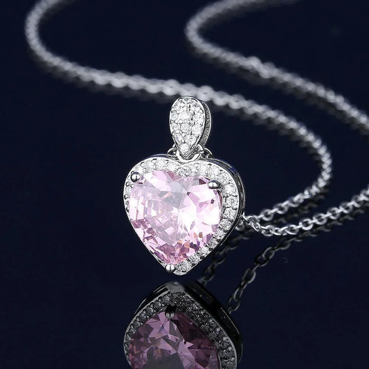 Luckacco 925 Sterling Silver Jewelry Set Heart Shape Pink Crystal Zircon Necklace Earrings Ring Women's Elegant Jewelry