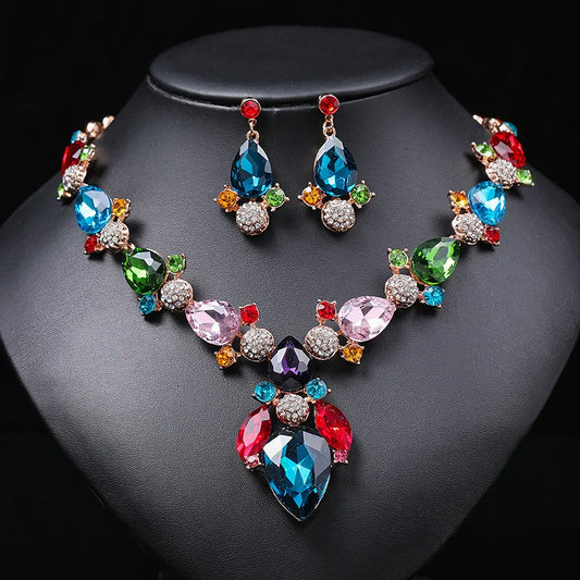Luckacco Gorgeous Colorful Crystal Rhinestone Lucky Necklace Earring Set Wedding Party Costume Jewellery NewStyle Trendy design Girl Gift
